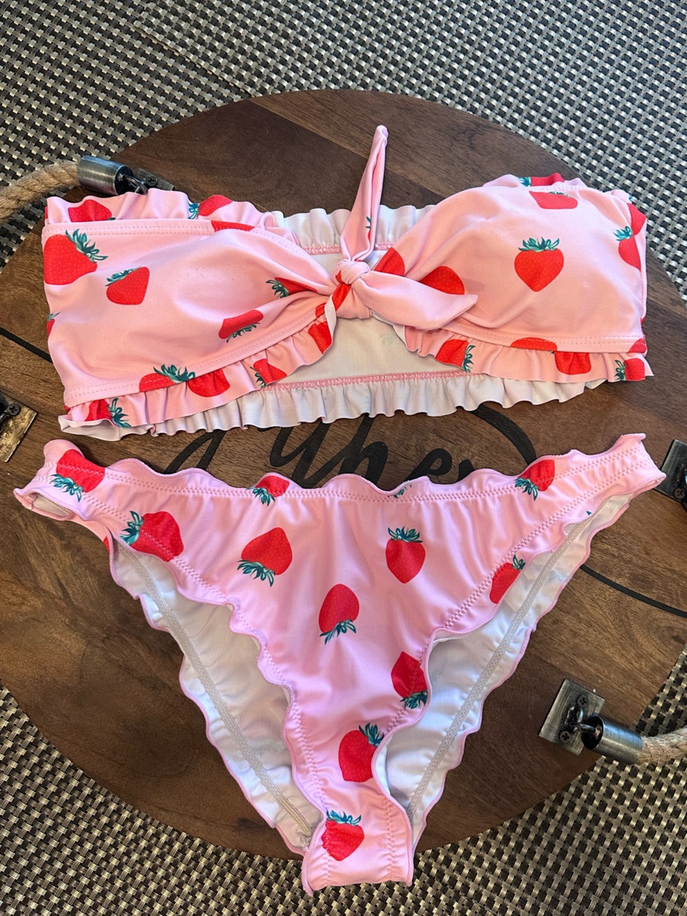 SHEIN Pink Strawberry Print Ruffle Bandeau Bikini